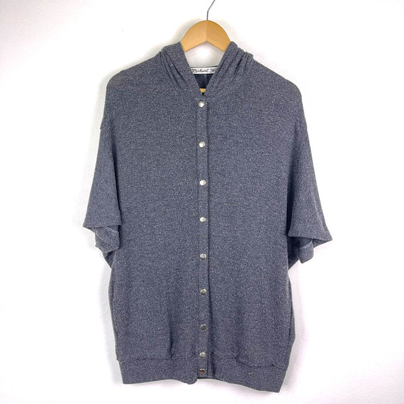 Michael Stars Grey Short Sleeve Metal Snap Button Hooded Cardigan Women's Medium - Picture 1 of 9